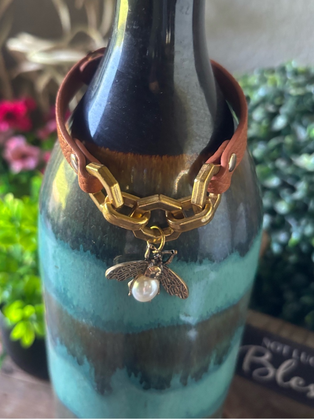 Gold Bee Charm Bracelet with Brown Adjustable Leather Band